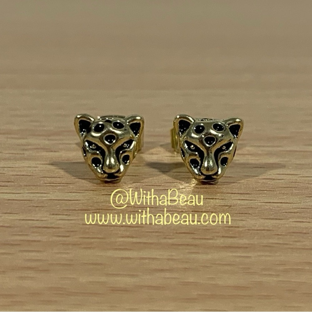 Black and Gold Tone Panther Cat Earrings - Challa